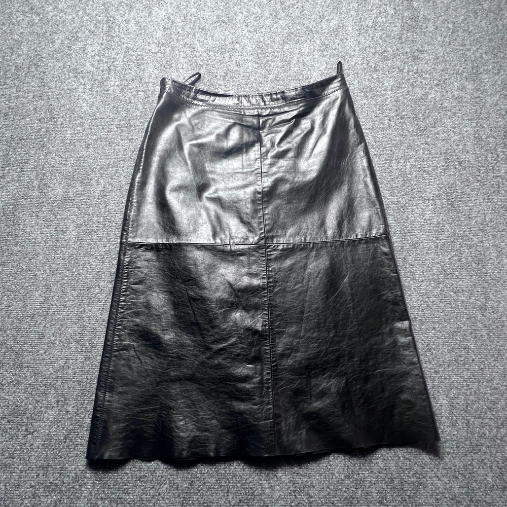 Vintage Gap Black Genuine Leather Midi Skirt A-Line Y2K Size 8 Retro 90s Dark